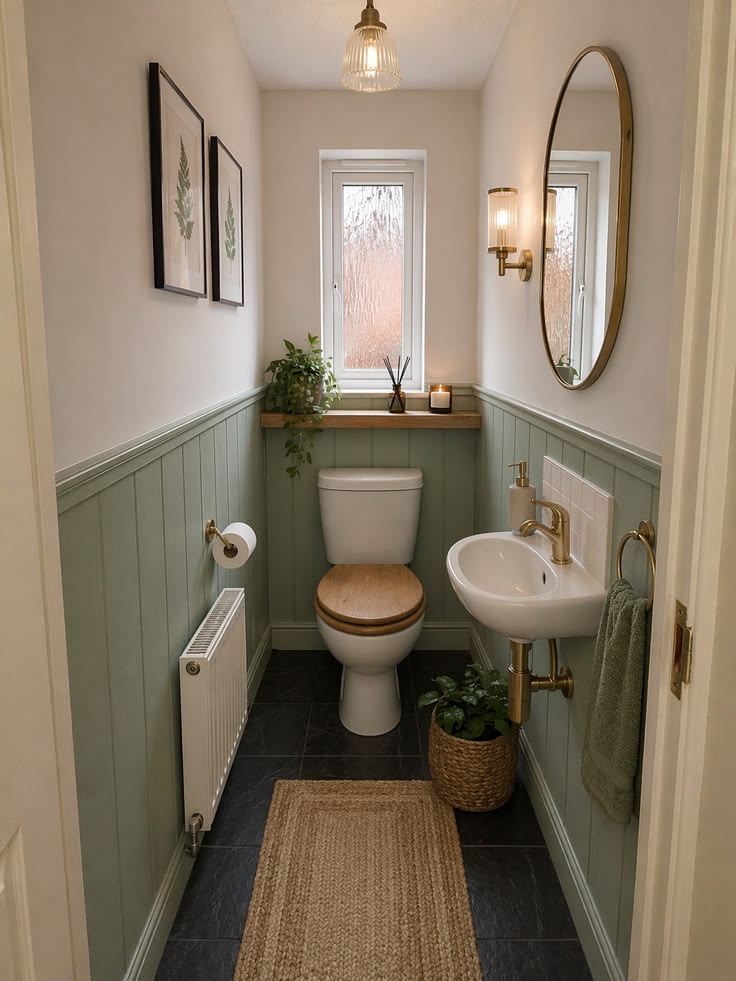 Compact bathroom with green wall panelling