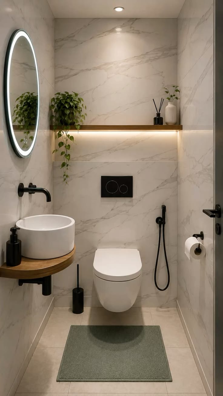 Elegant neutral bathroom with round mirror